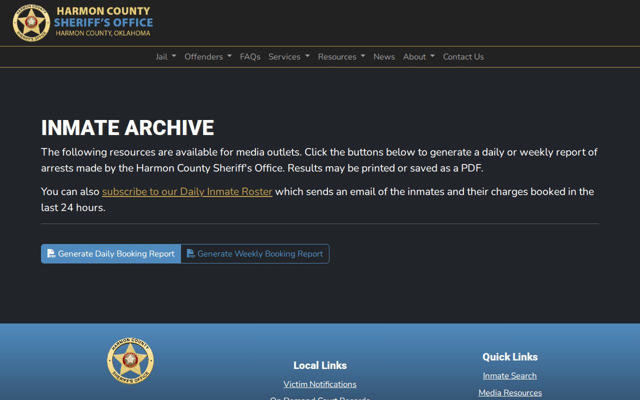 Harmon County Sheriff's Office Media Resources booking report links