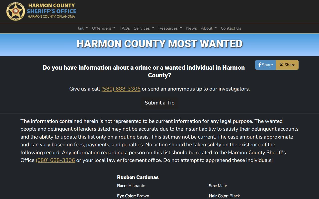 Harmon County wanted record interface from the Sheriff’s official Most Wanted page