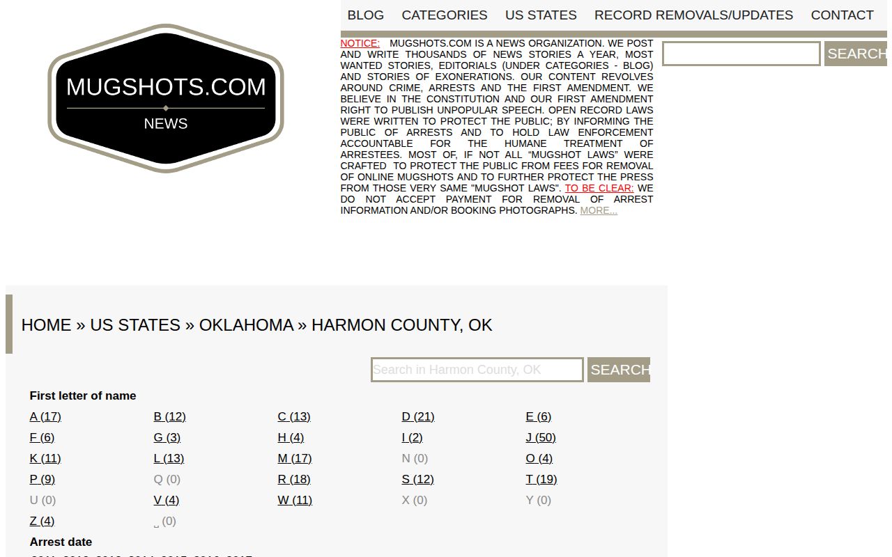 Harmon County mugshot record interface at the secondary Mugshots.com county page