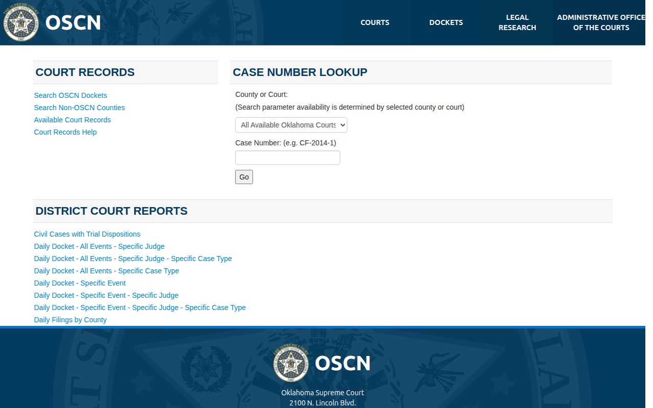 Harmon County court record search interface at the official OSCN docket portal