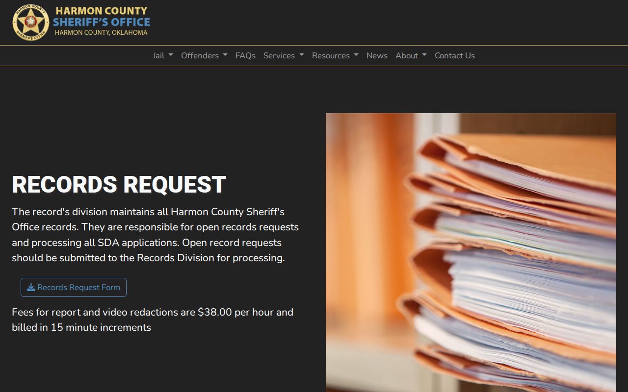 Harmon County Sheriff's Office Records Division request page